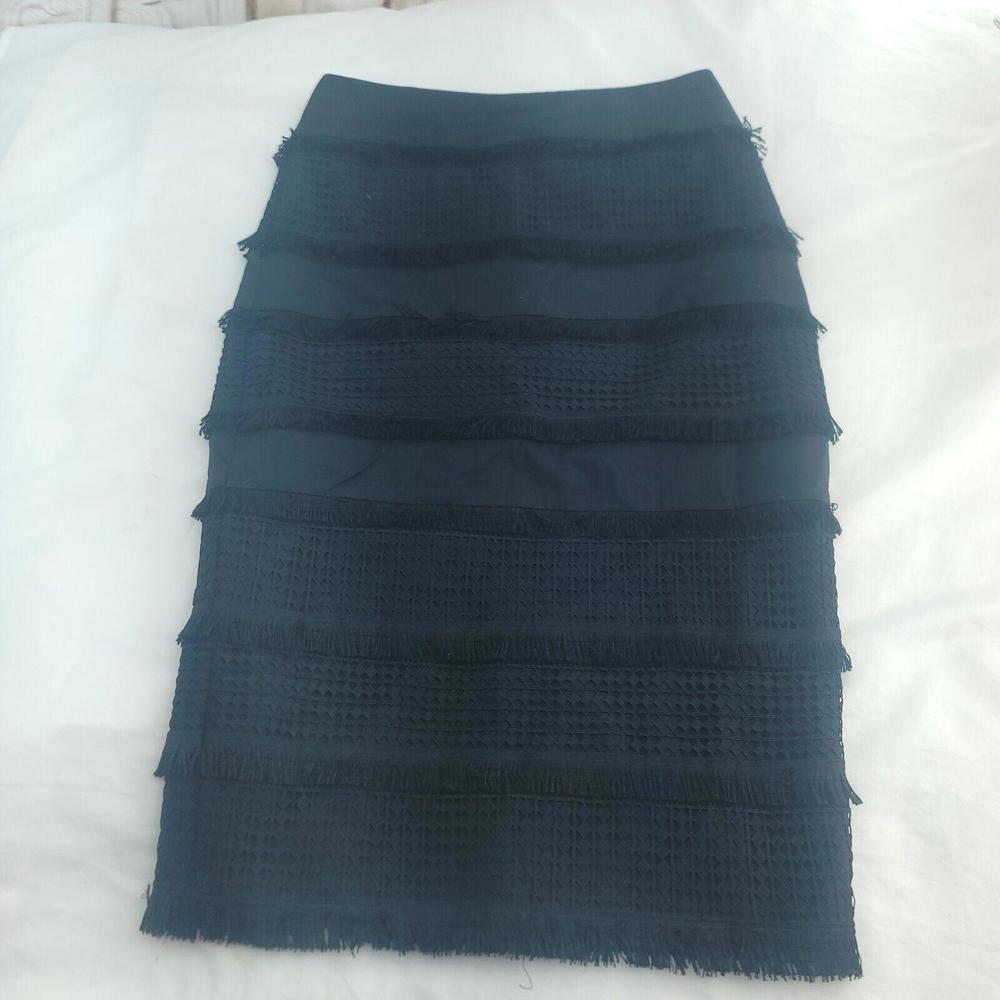 Banana Republic Black Lace Fringe Tiered Midi Layered Lined Pencil Skirt Size 2